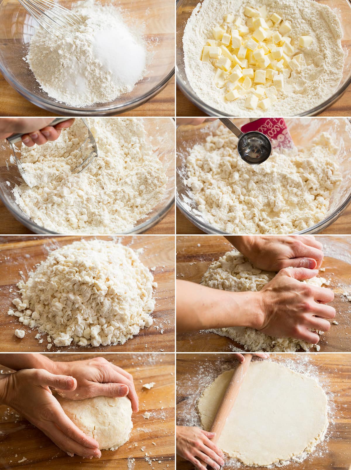 Collage of eight images showing steps of making a galette crust.