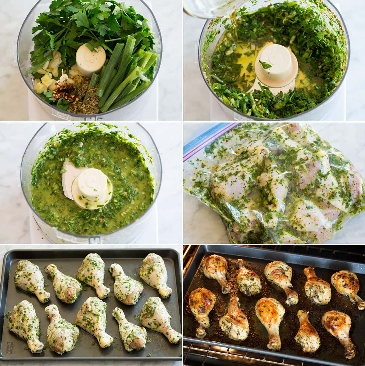 Collage of six images showing how to make a marinade in a food processor. Then shows covering chicken drumsticks in herb marinade mixture. And last shows drumsticks on baking sheet before and after baking.