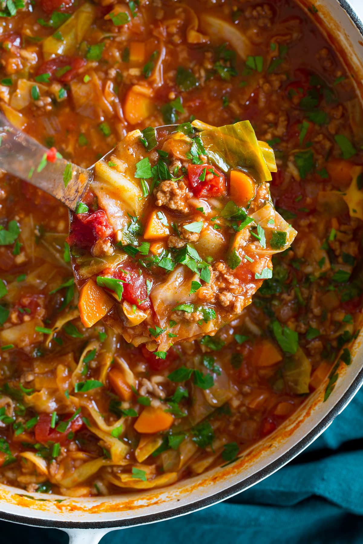 Close up photo of laddle full of cabbage soup.