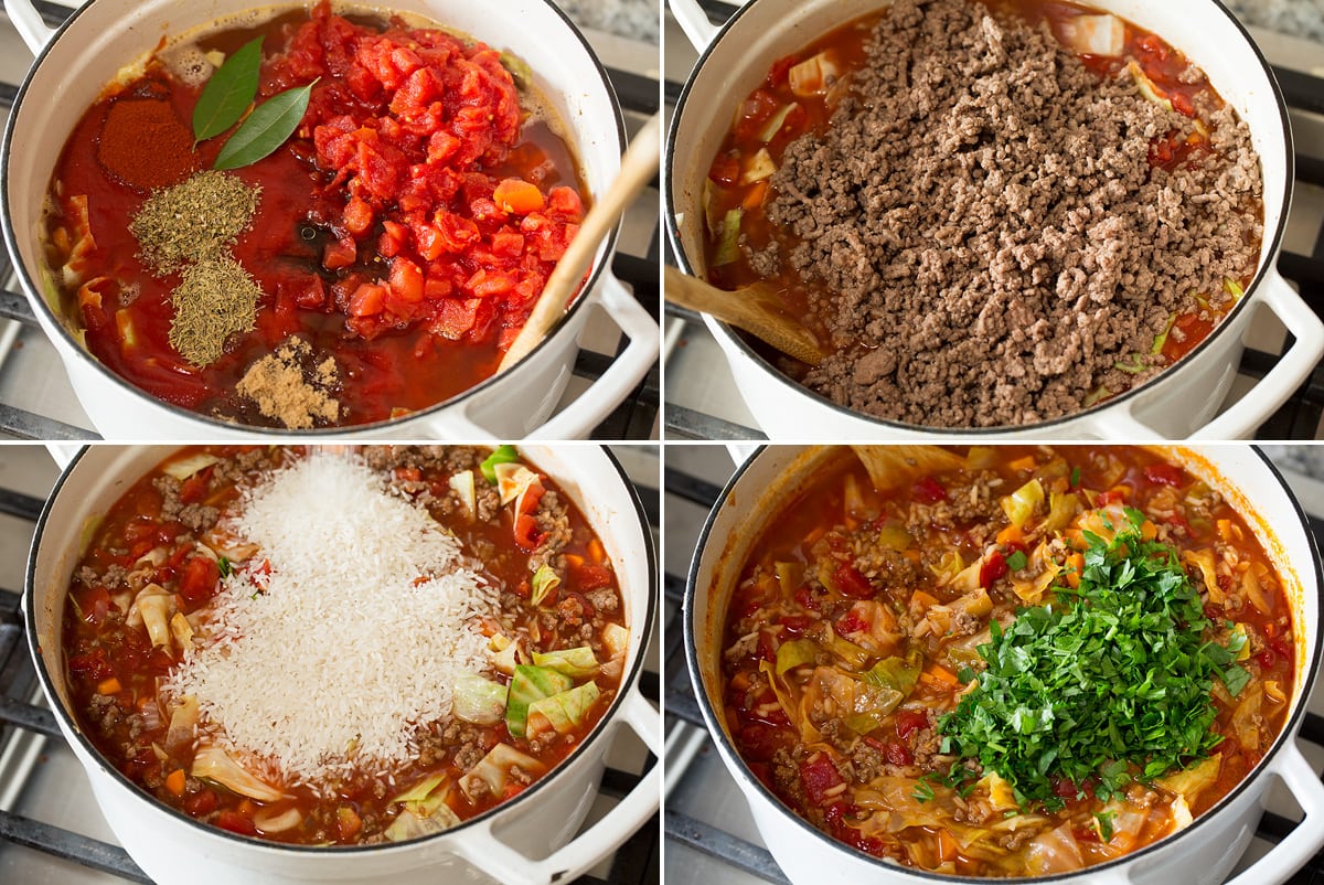 Collage of four photos showing continued steps of making cabbage roll soup.