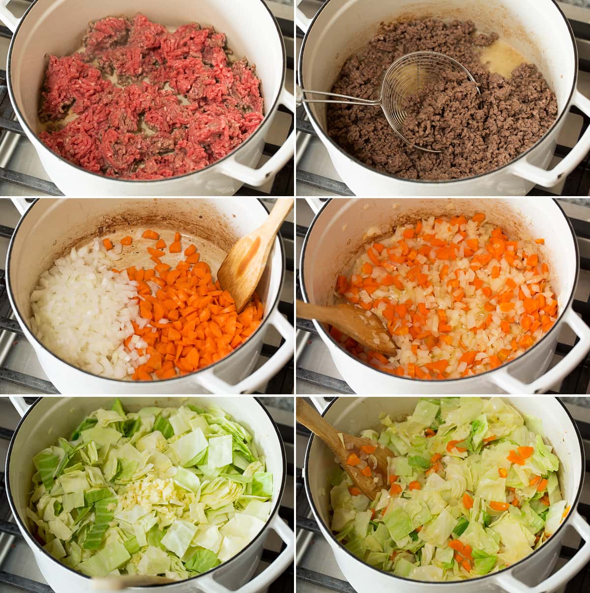 Collage of six photos showing steps of making cabbage roll soup in a pot. Includes browning beef then sauteing carrots and onion, then sauteing cabbage.