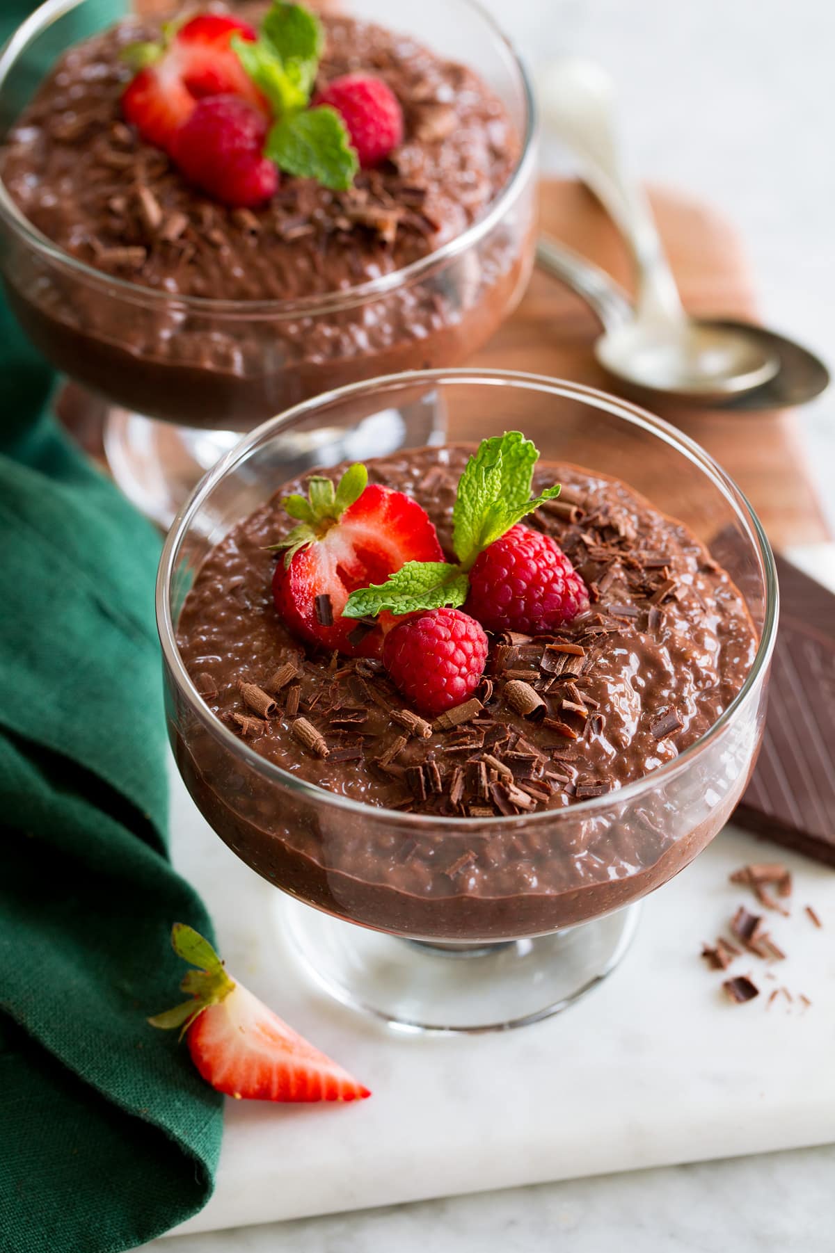 Chocolate Chia Pudding in a wide glass dessert cup.