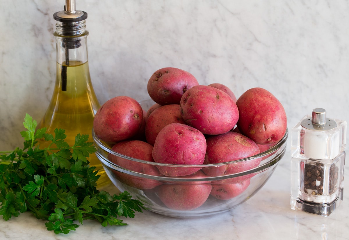 Photo of ingredients used to make smashed red potatoes. 