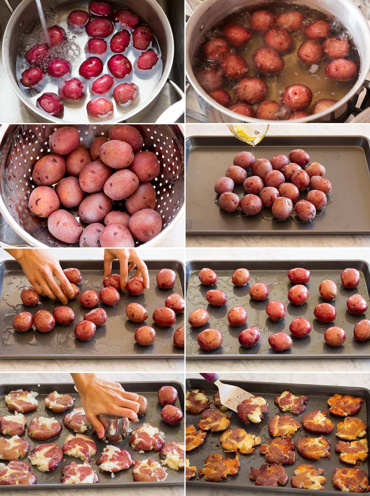 Collage of eight photos showing steps to make smashed potatoes on a baking sheet.