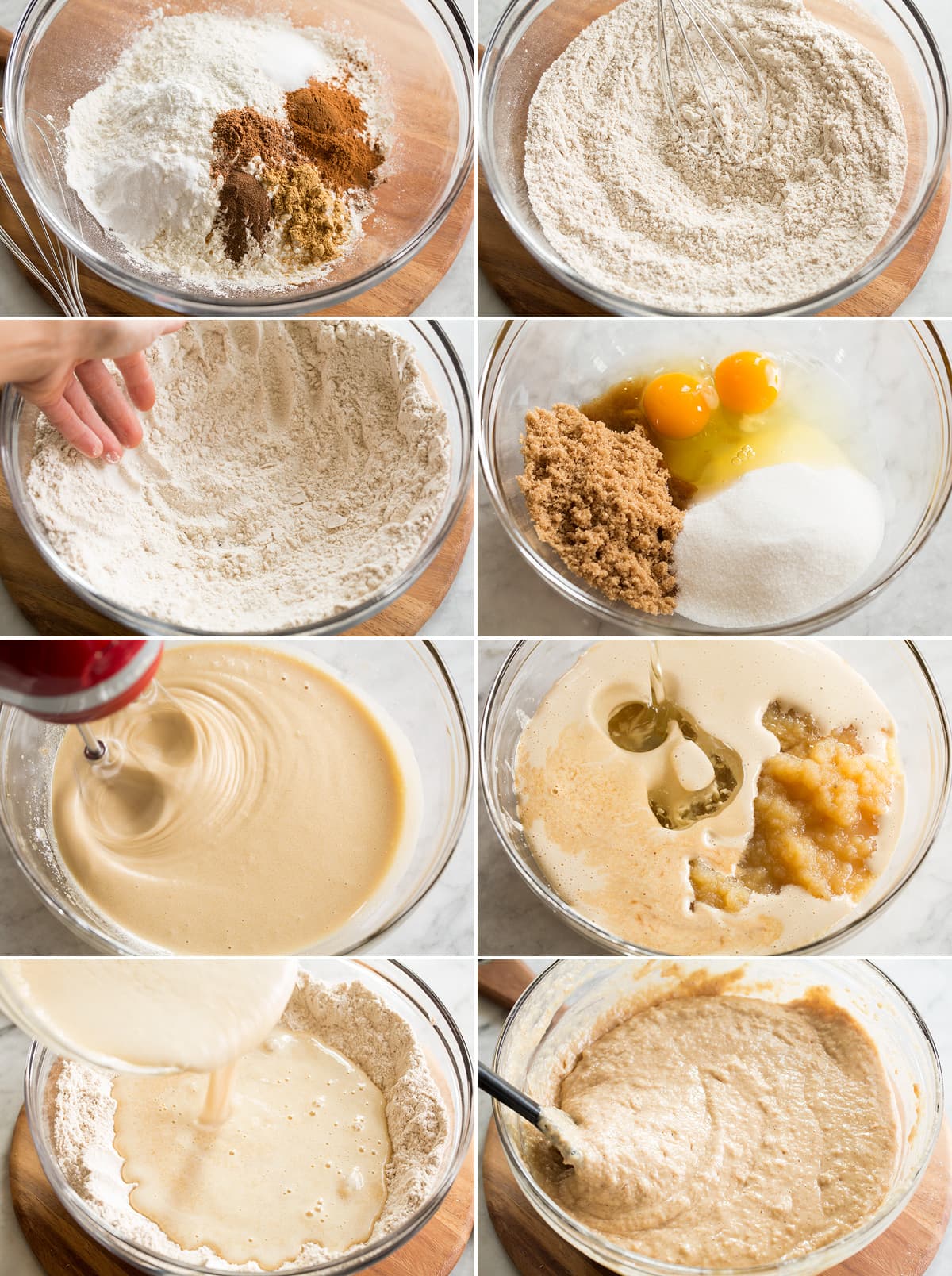 Collage of eight photos showing steps of making applesauce cake batter in mixing bowls.