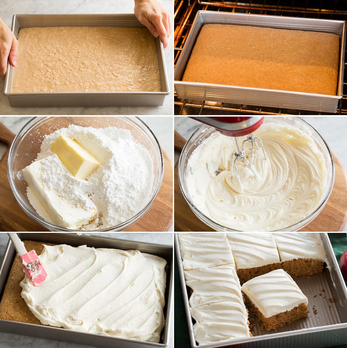 Collage of 6 images showing applesauce cake in pan before and after baking. Then shows making cream cheese frosting and frosting cake.