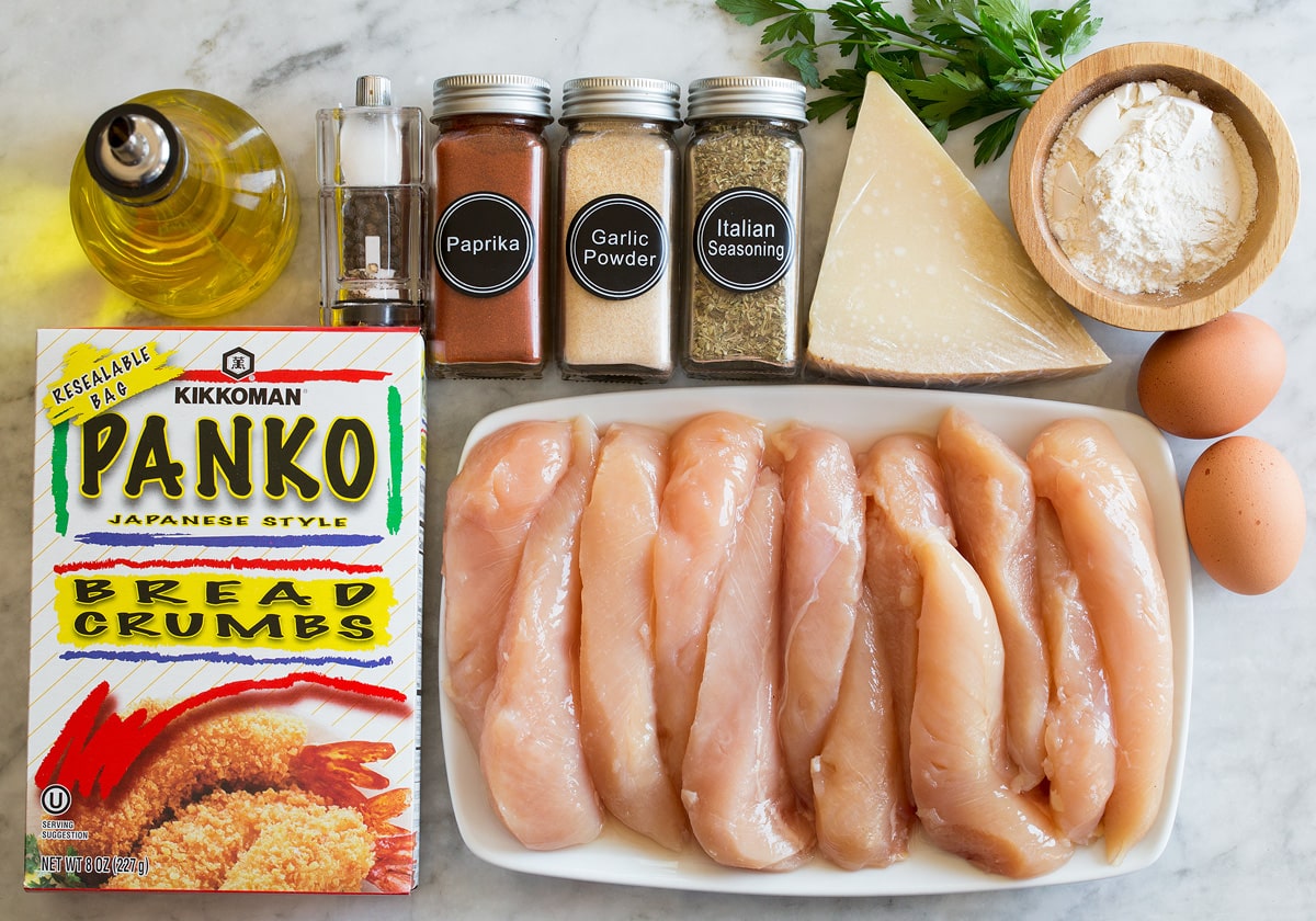 Photo of ingredients used to make baked parmesan chicken tenders with panko.