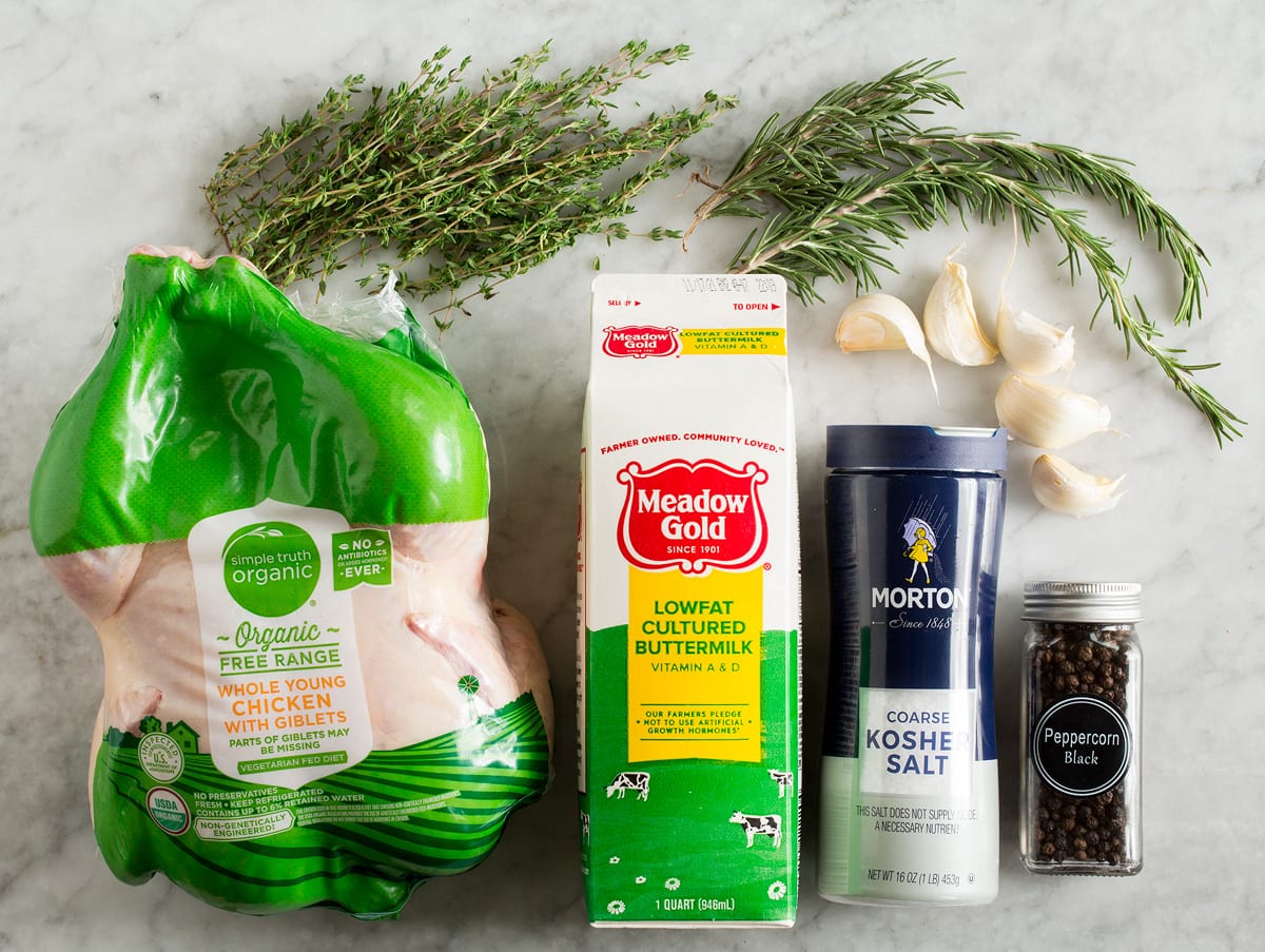 Photo of ingredients used in making a buttermilk brined and roasted chicken.