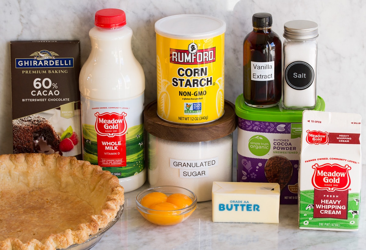 Photo of ingredients needed to make chocolate cream pie.