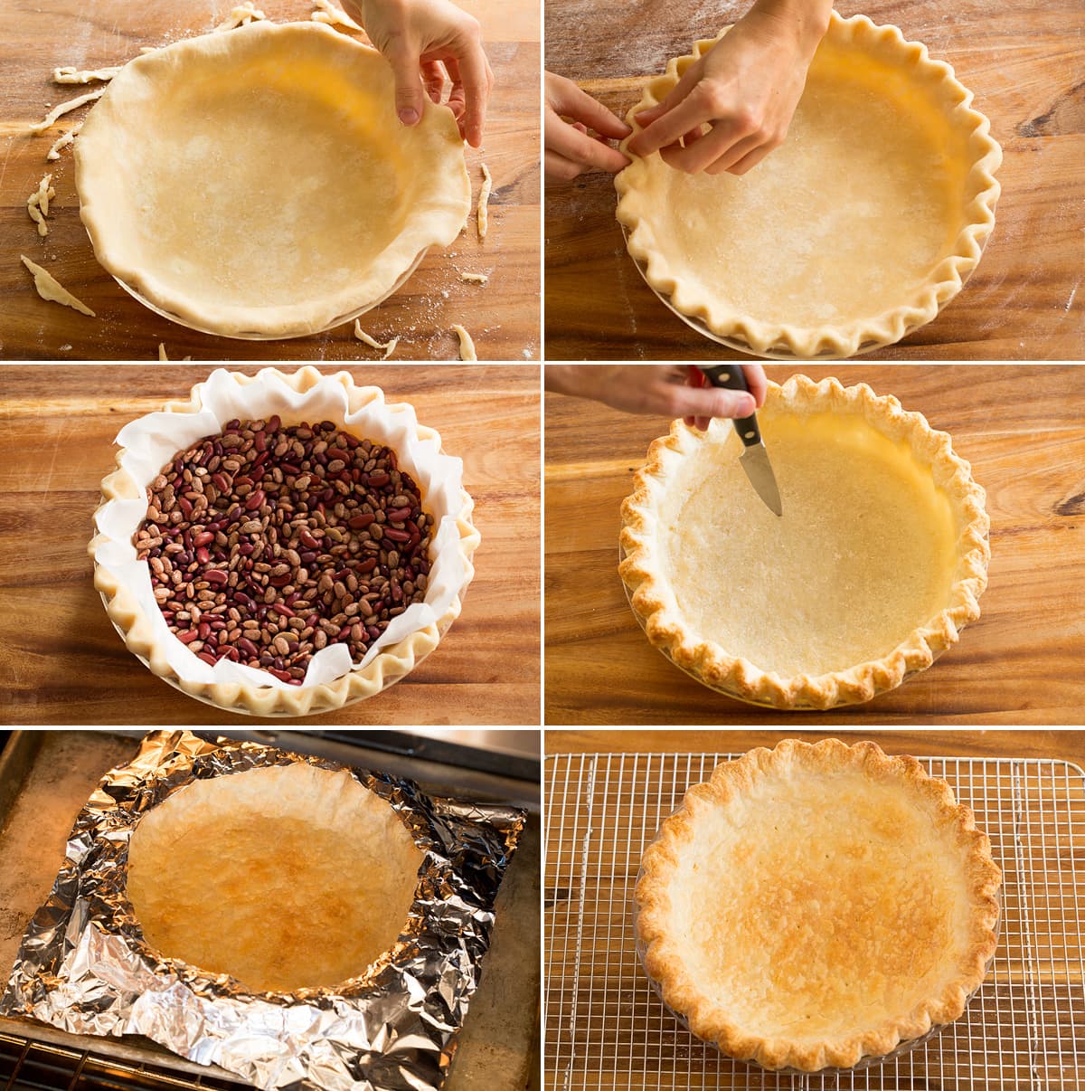 Collage of six images showing how to prepare a blind baked pie crust.