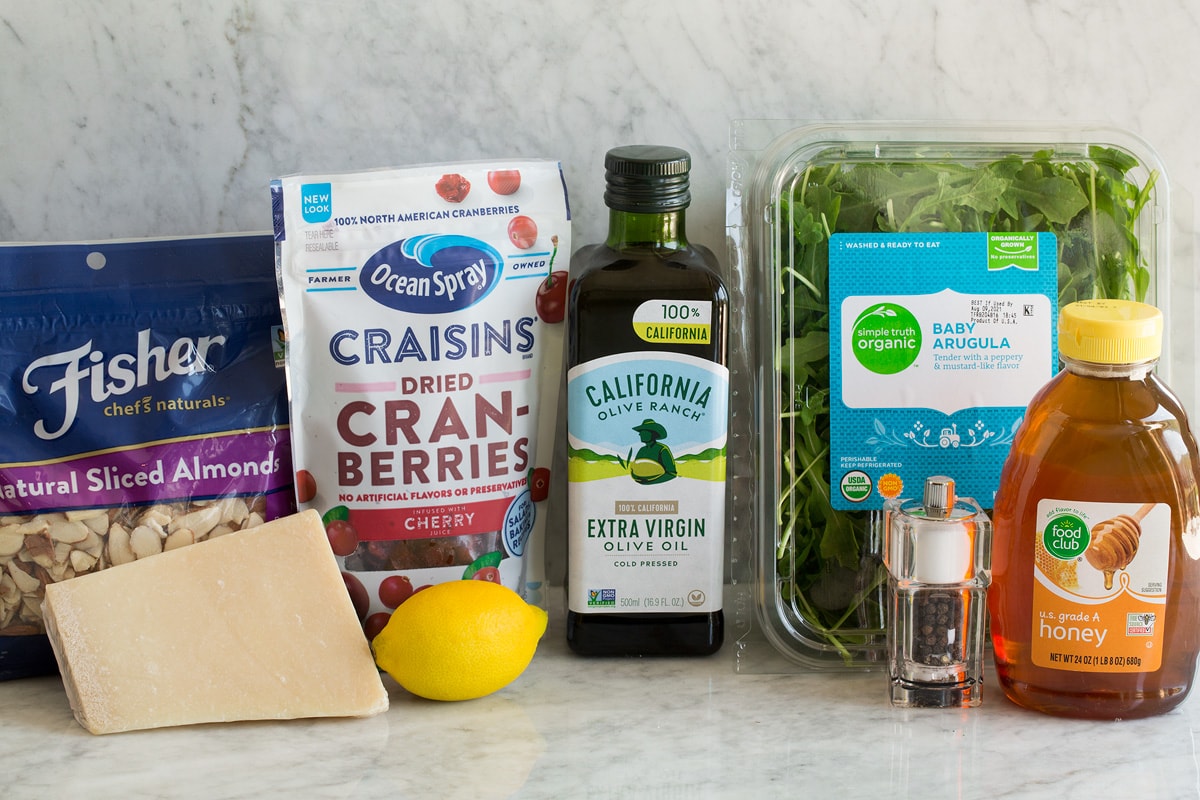 Photo of ingredients used to make arugula salad.