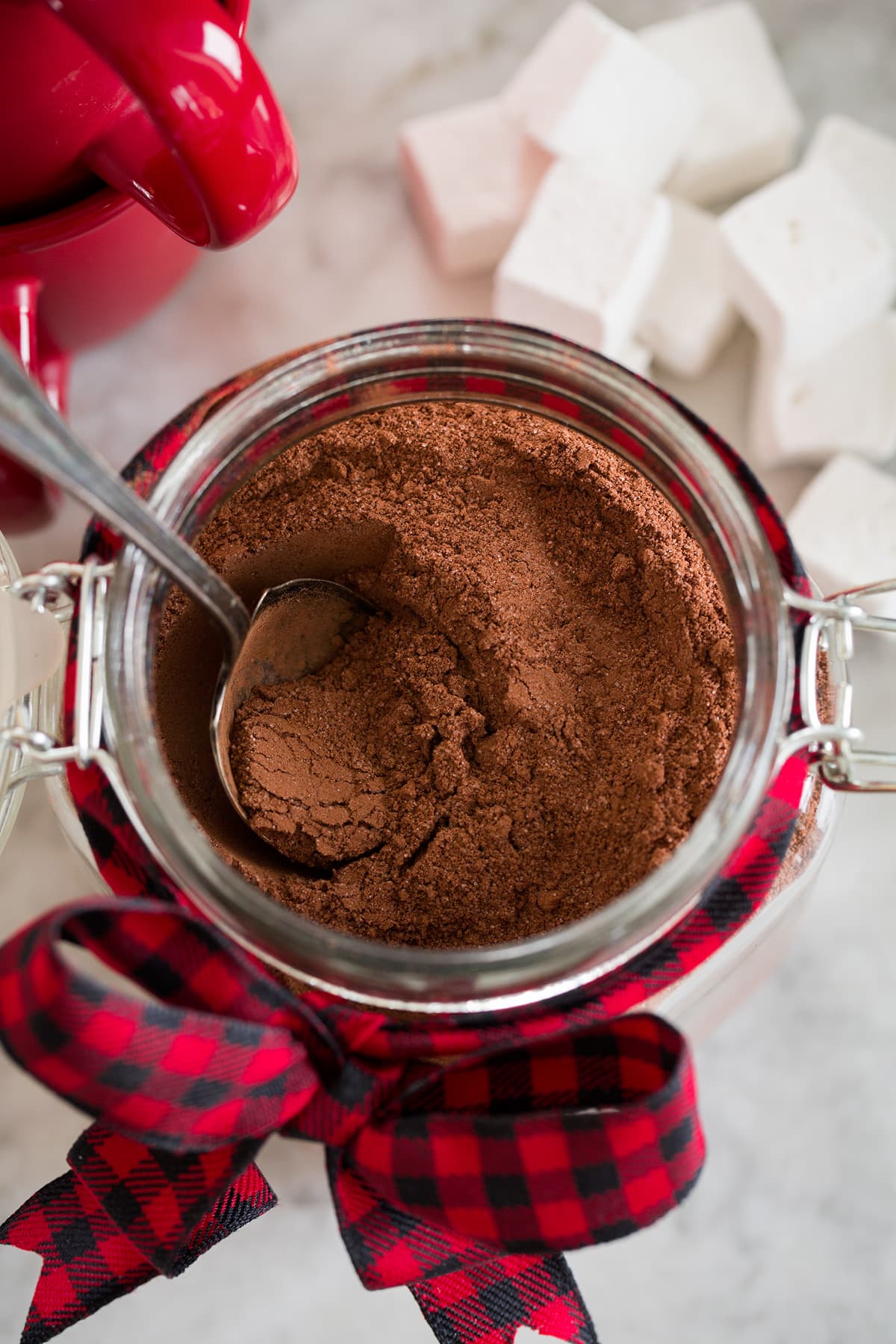 Hot chocolate mix shown from above in container.