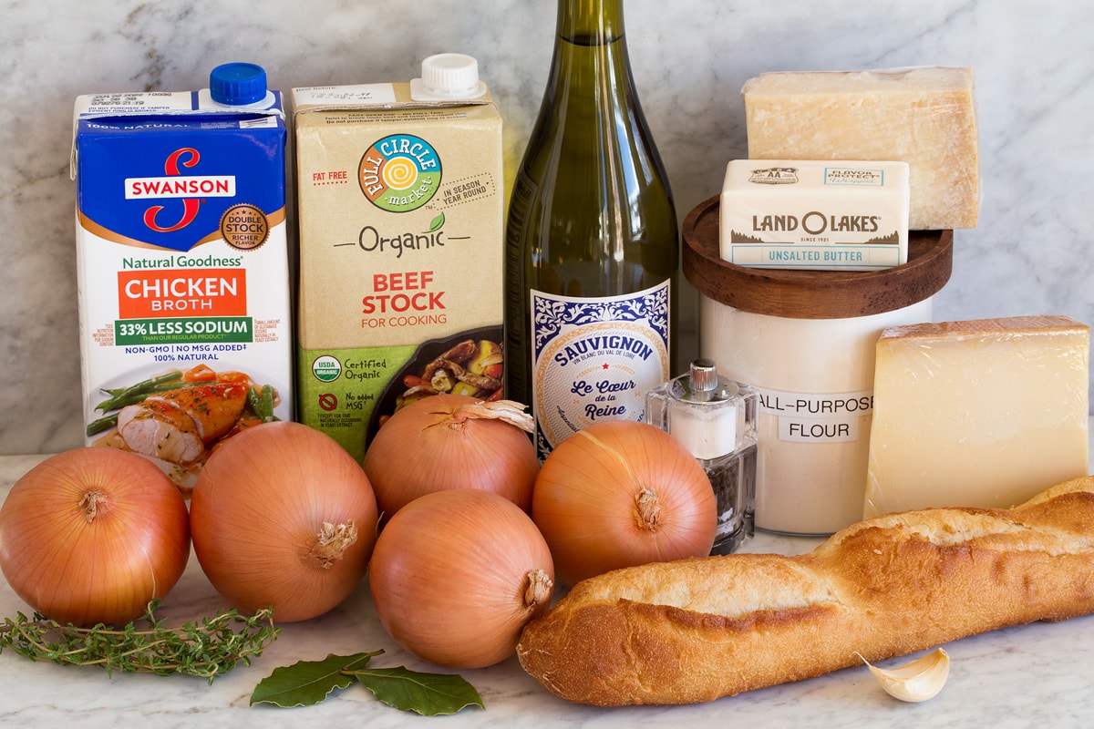 Photo of ingredients needed for french onion soup.