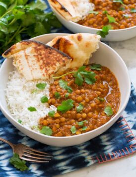 Bowl of lentil curry and rice.