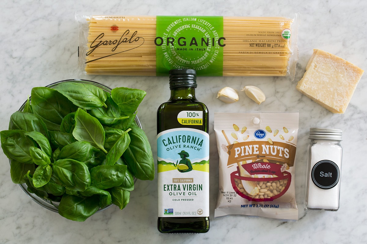 Photo of ingredients used to make homemade pesto pasta.