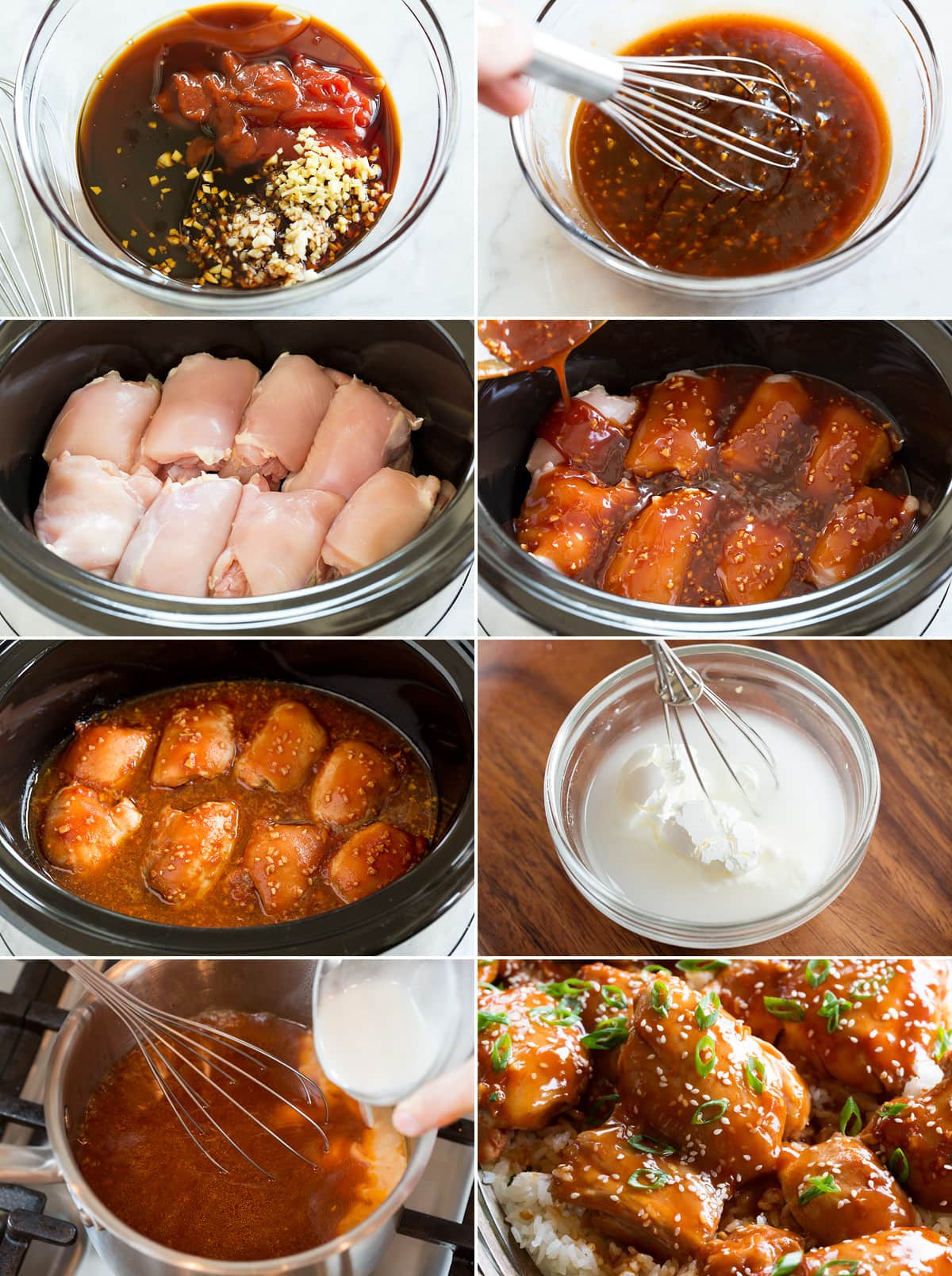 Eight images showing how to make slow cooker chicken thighs in sauce.