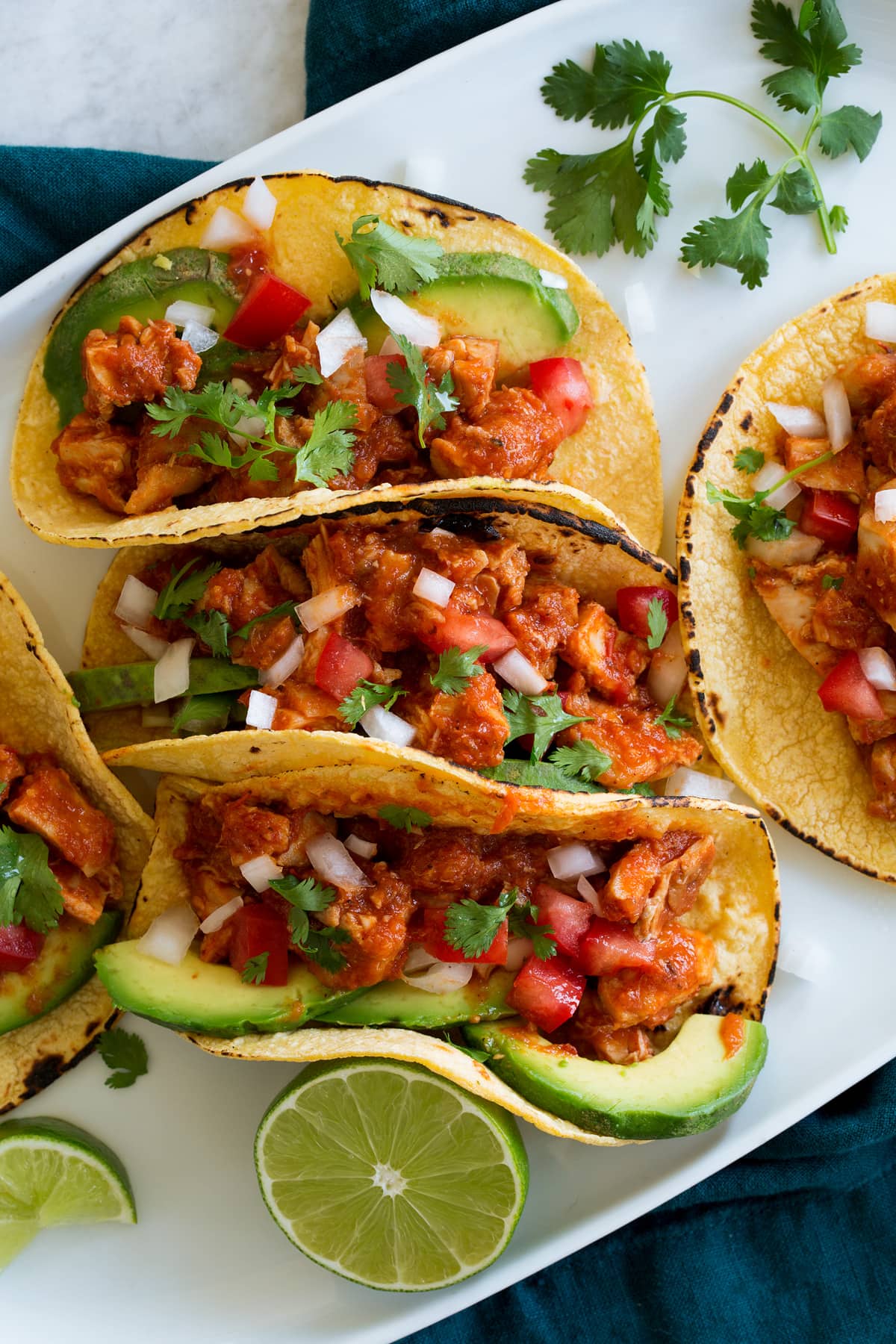 Chicken tinga tacos lined up on a serving plate.