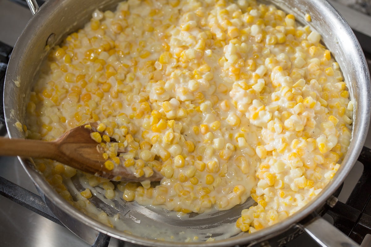 Creamed corn once completed in pan.