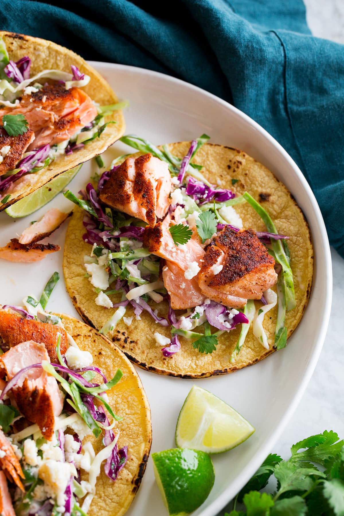 Close up photo of flaked seared salmon taco.