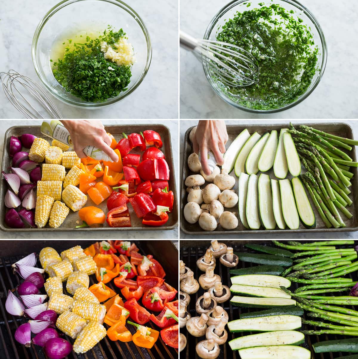 Six photos showing process of making grilled vegetables.