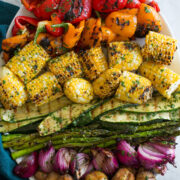 Platter with rainbow color of grilled vegetables.