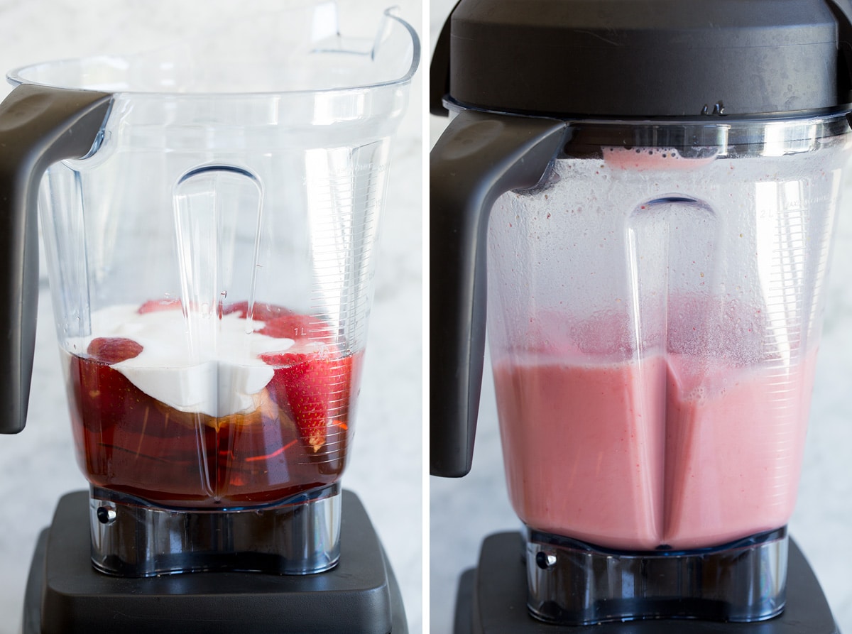 Two photos showing pink drink before and after blending in a blender.