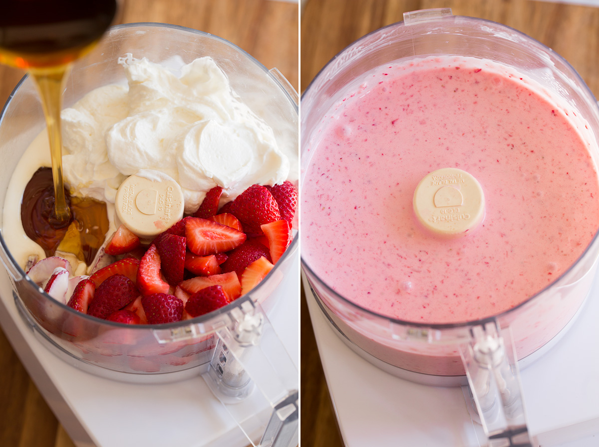 Photo showing popsicle yogurt mixture before and after blending in a food processor.