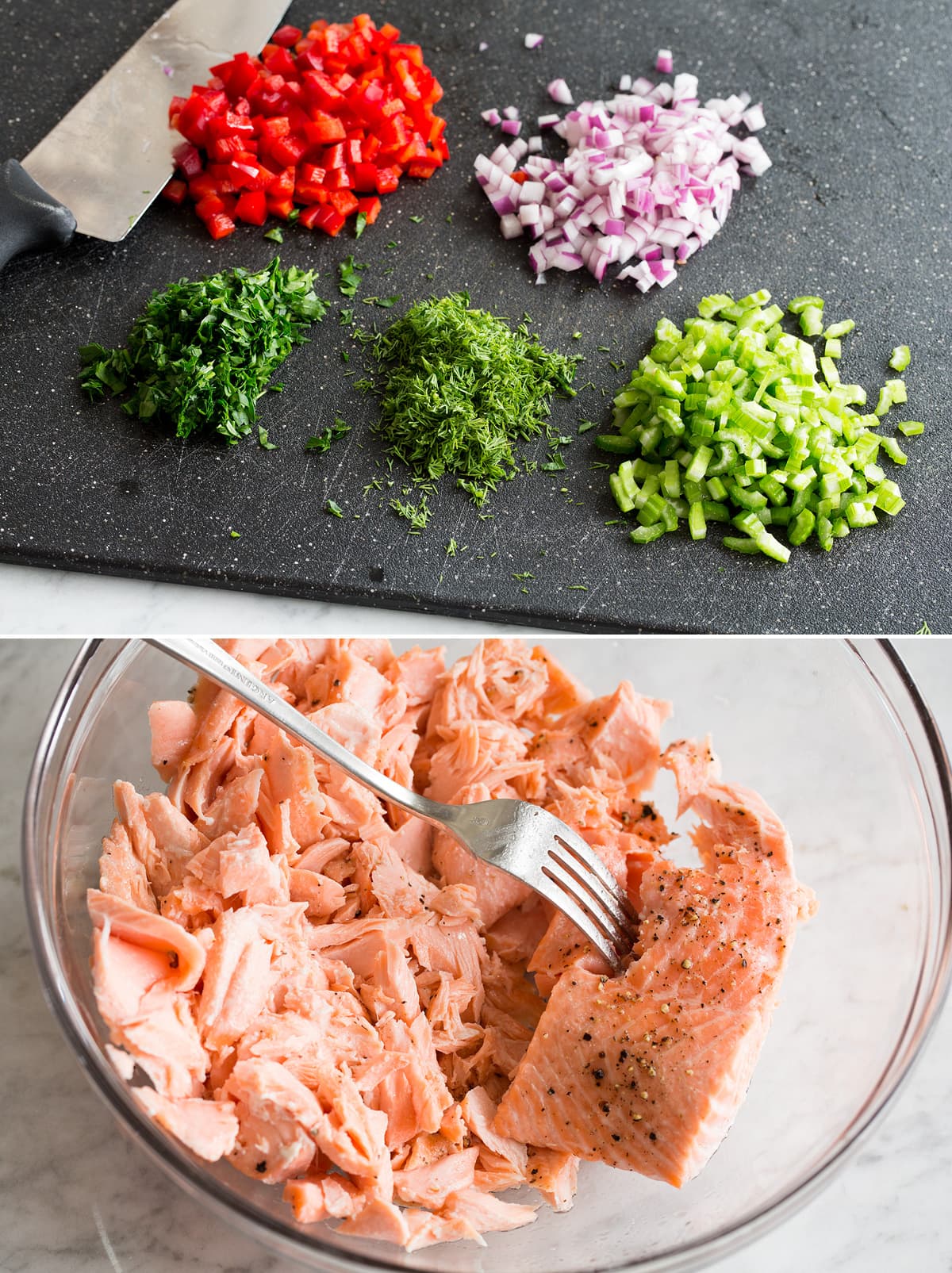 Chopped vegetables for salad and flaked salmon.