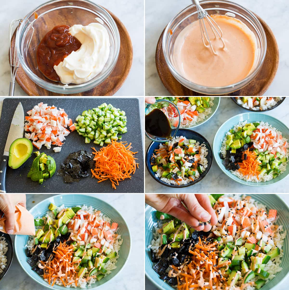 Photos showing steps of making a sushi bowl and sriracha mayonnaise.