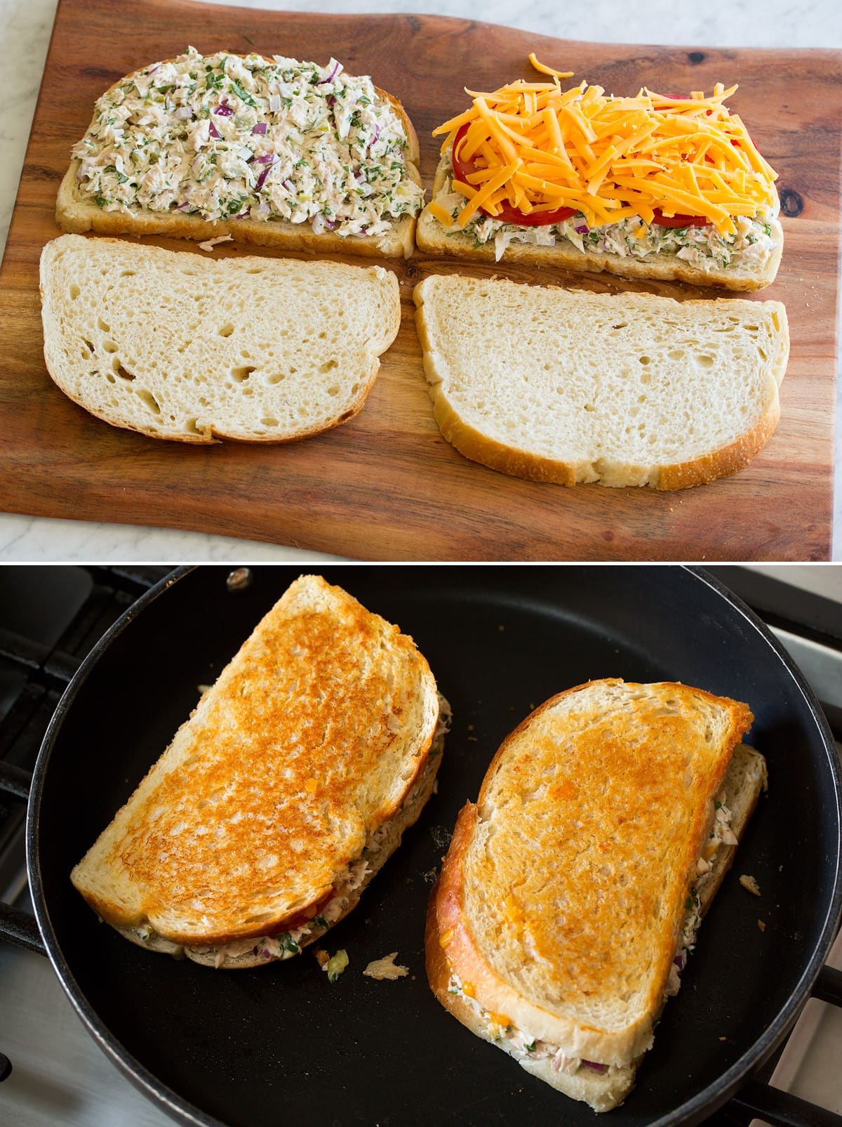 Assembling tuna melt sandwiches and pan frying.