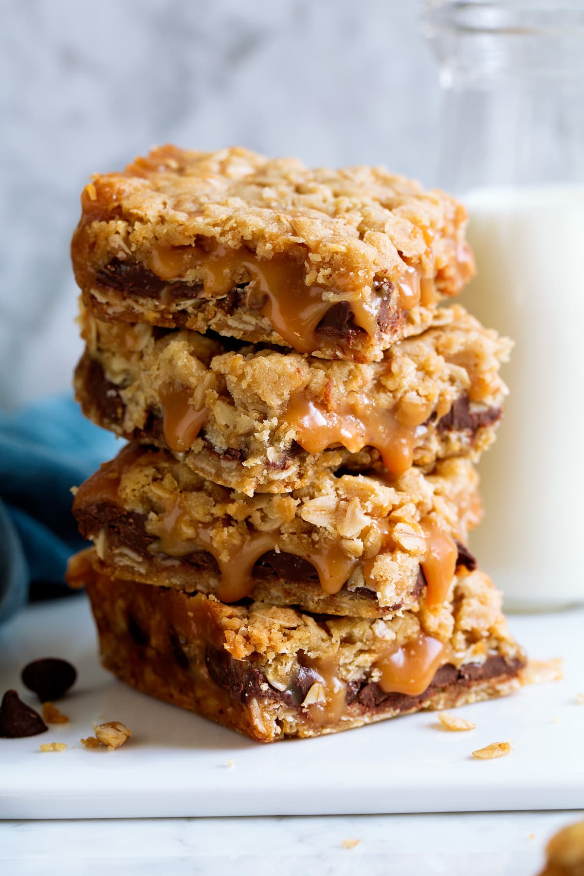 Stack of four carmelitas cookie bars.