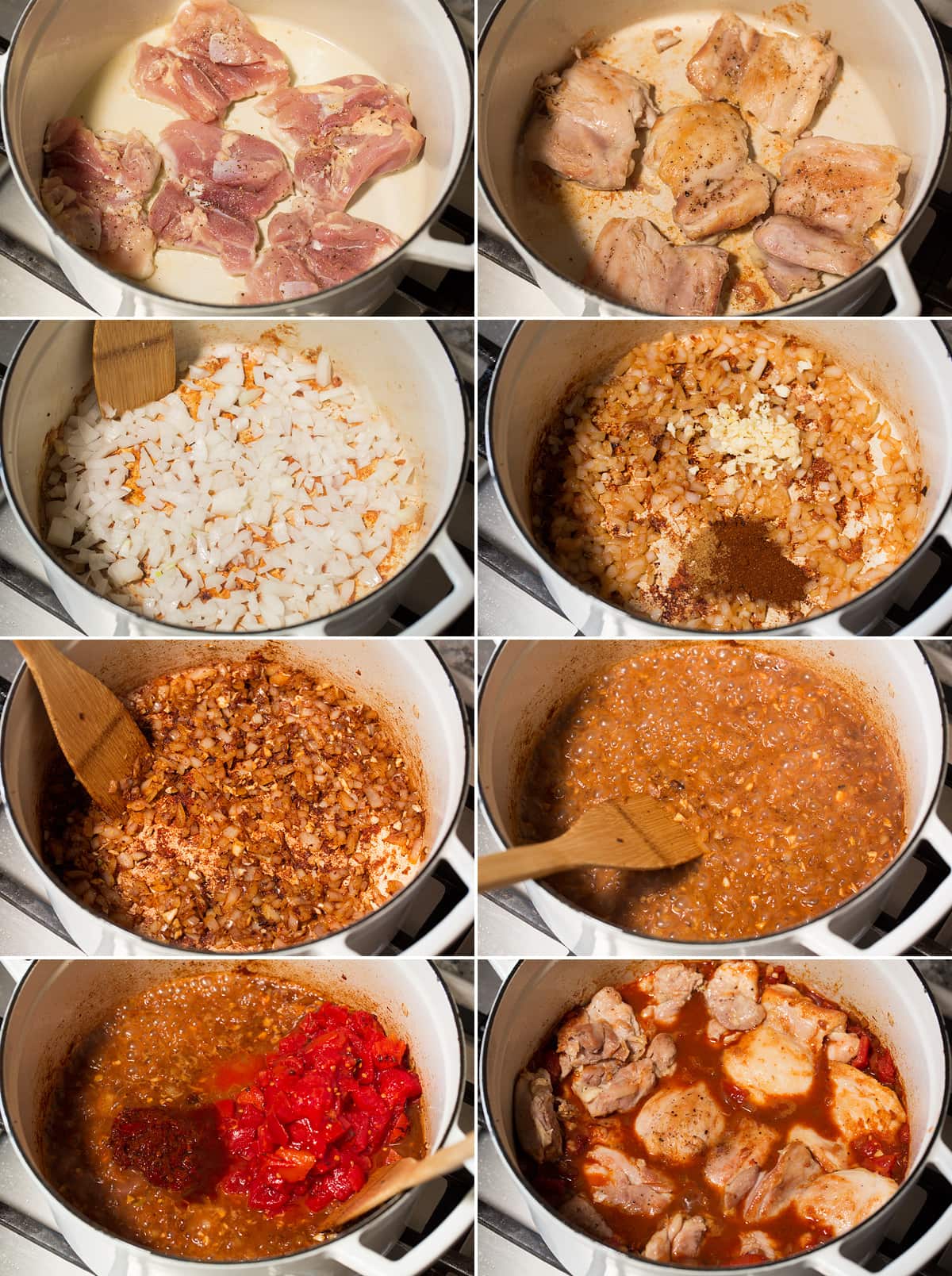 Step by step photos making chicken tinga in a pot.