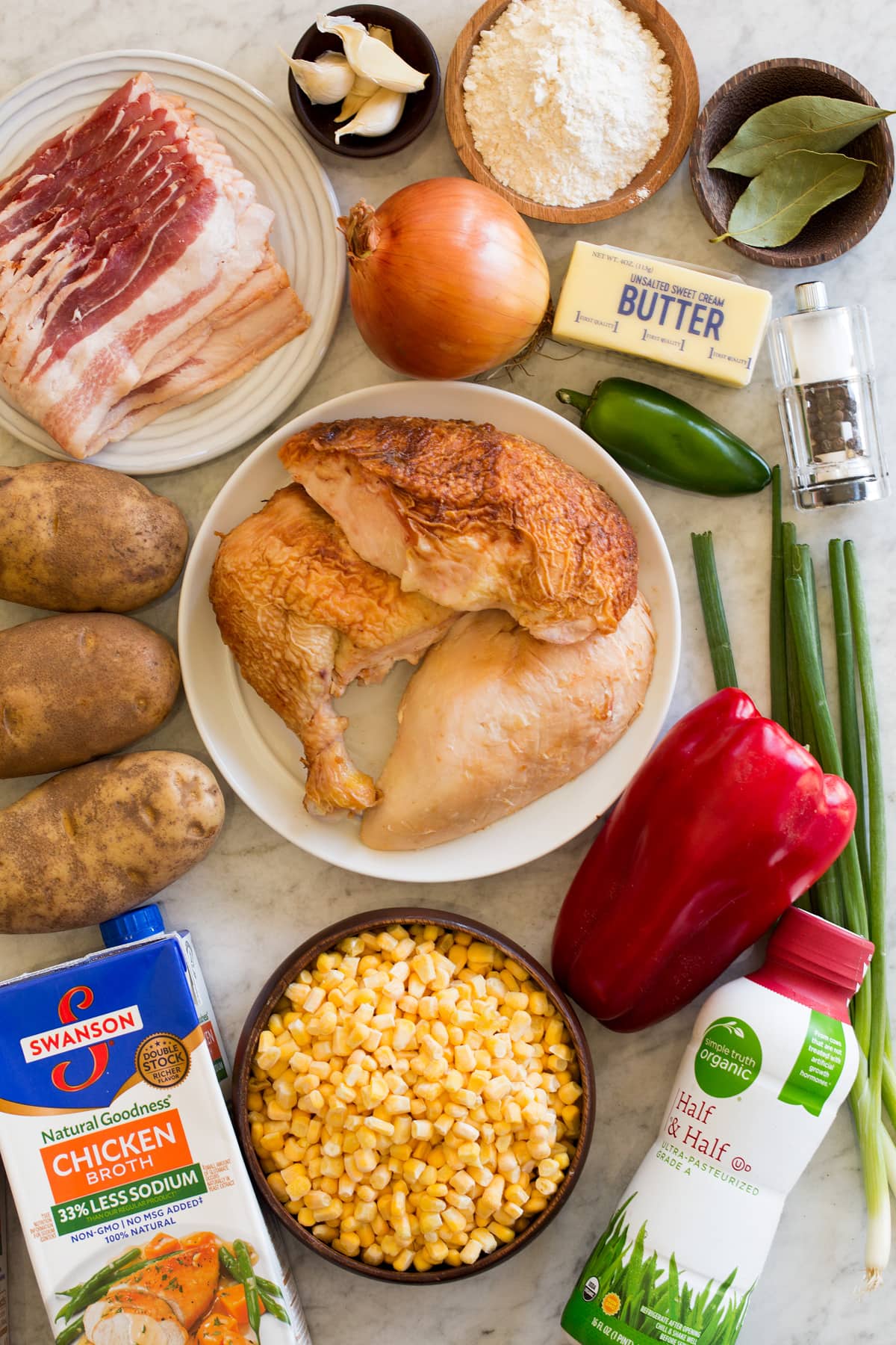 Ingredients for chicken corn chowder soup.