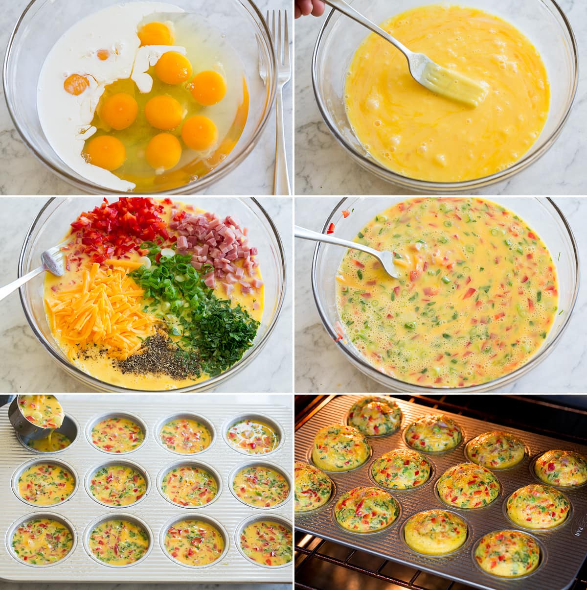 Six photos showing how to make breakfast egg muffins.