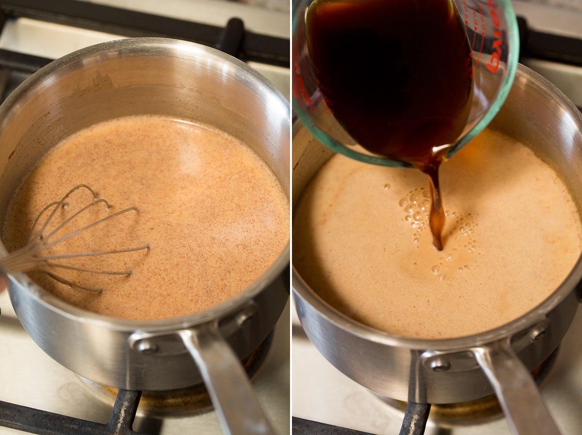 Pumpkin spice latte simmering over stovetop and espresso being added.