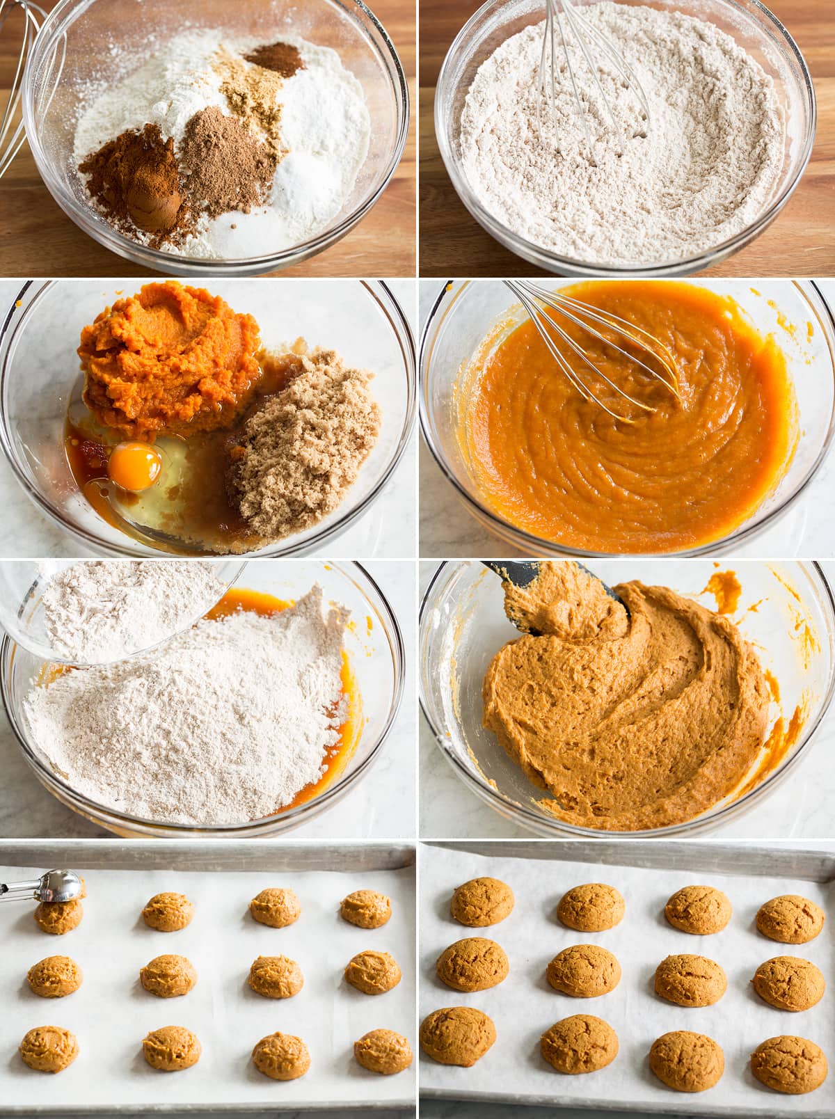 Steps of making pumpkin whoopie pie cookie dough and baking cookies on baking sheet.