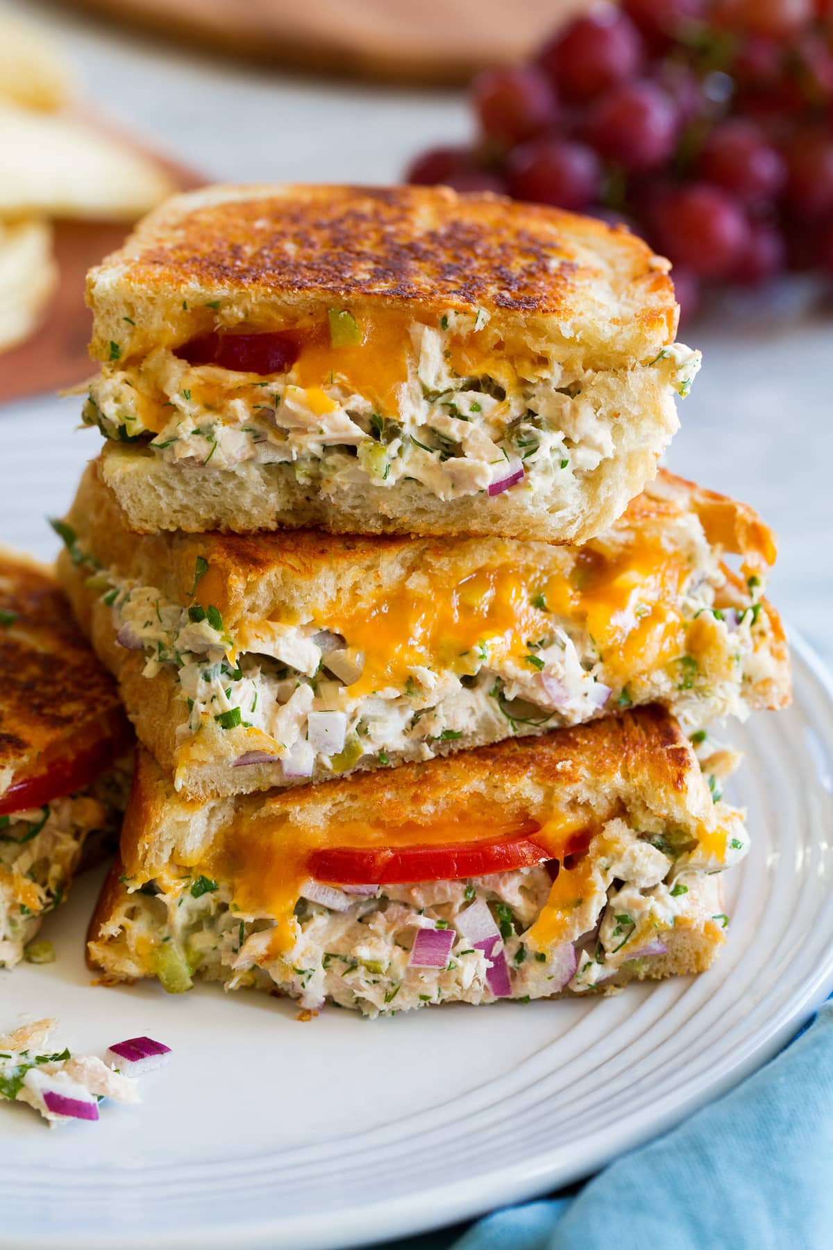 Stacked tuna melt sandwiches.