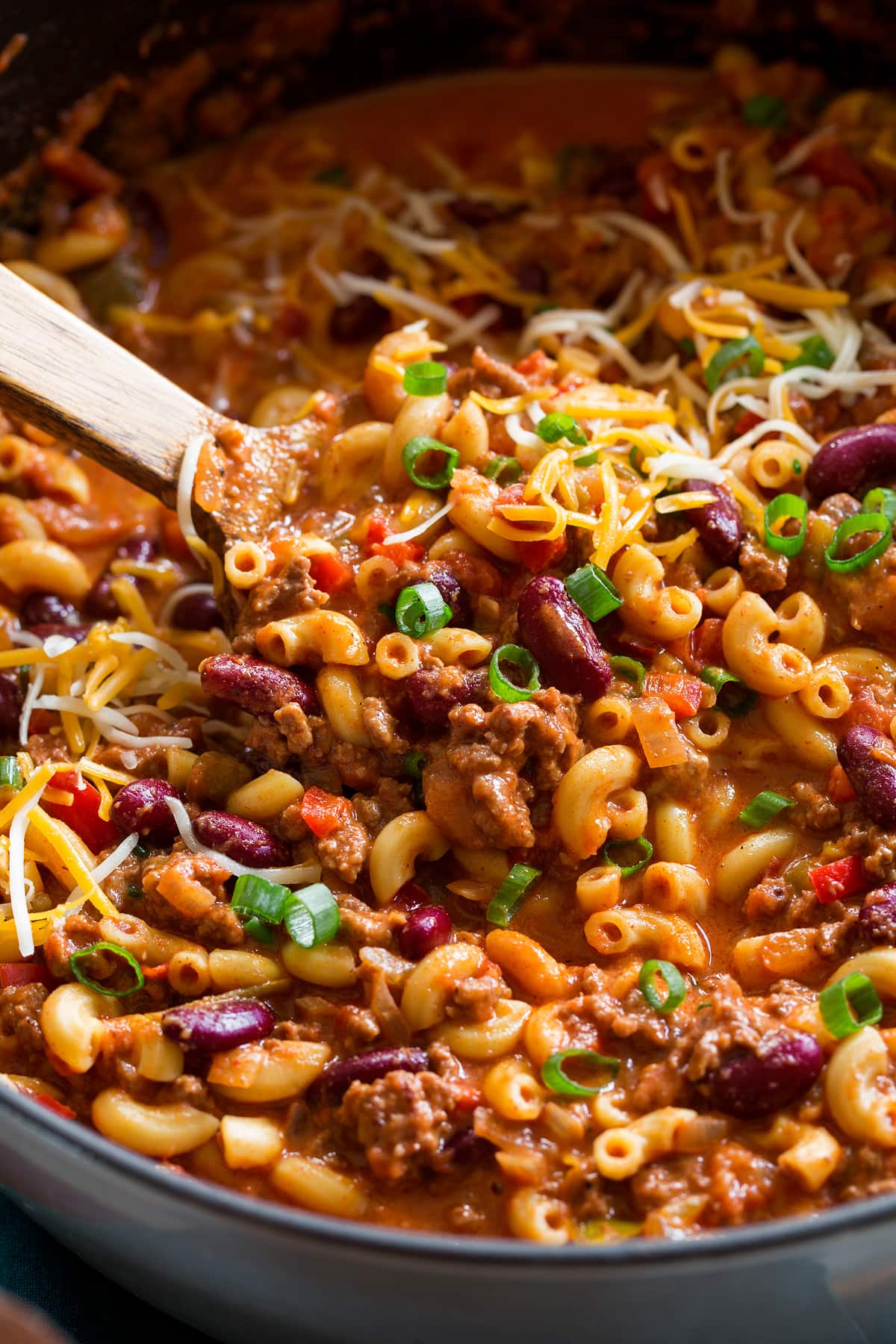 Close up photo of chili mac in a pot.