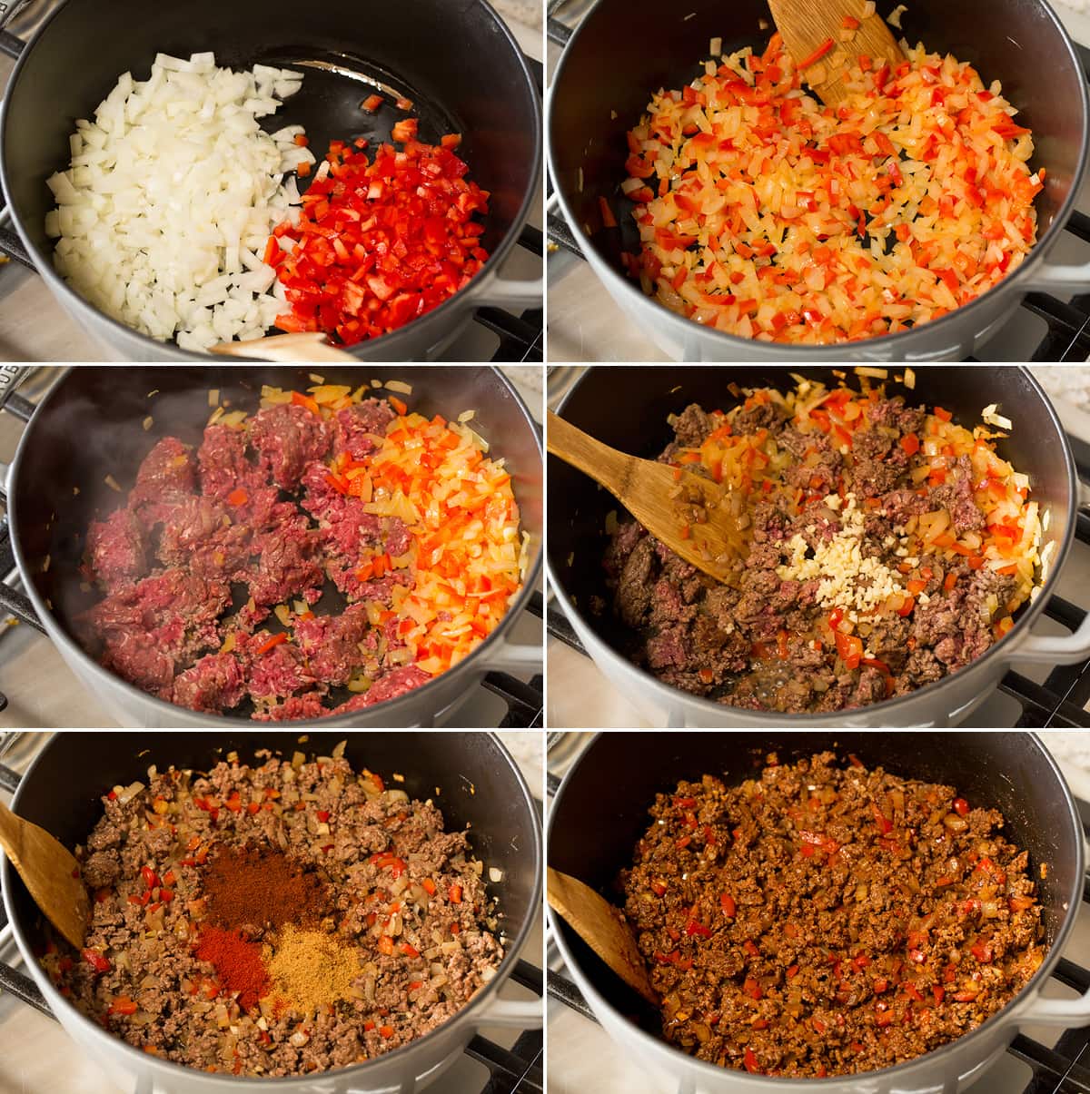 Sauteeing vegetables and browning beef in pot for chili mac.