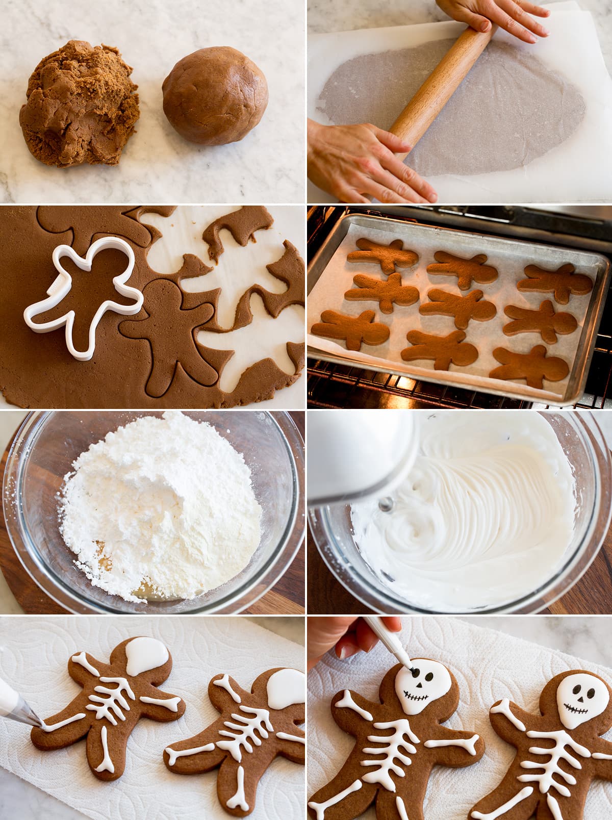 Steps to shaping and baking skeleton halloween cookies.