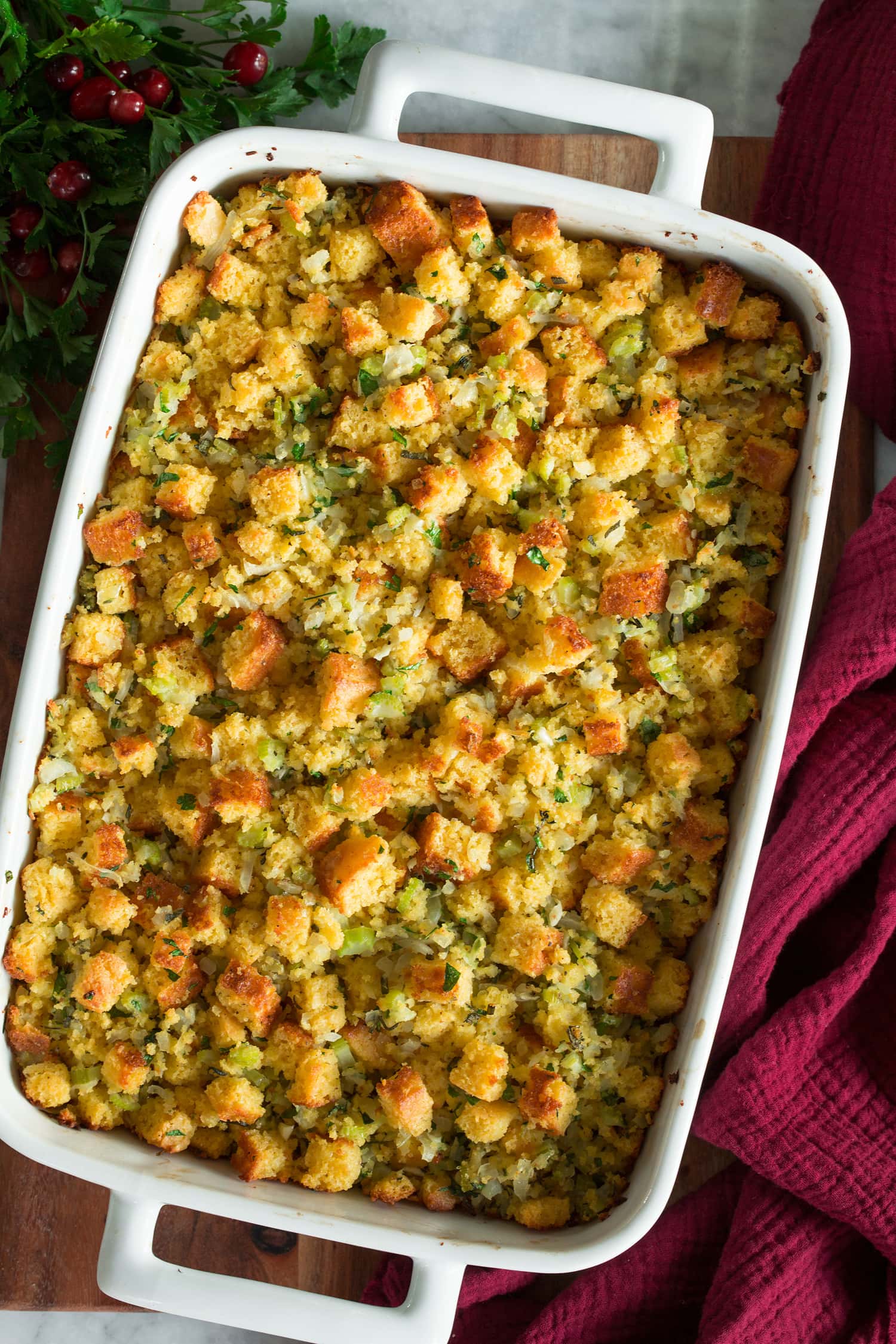 Overhead photo of cornbread stuffing.