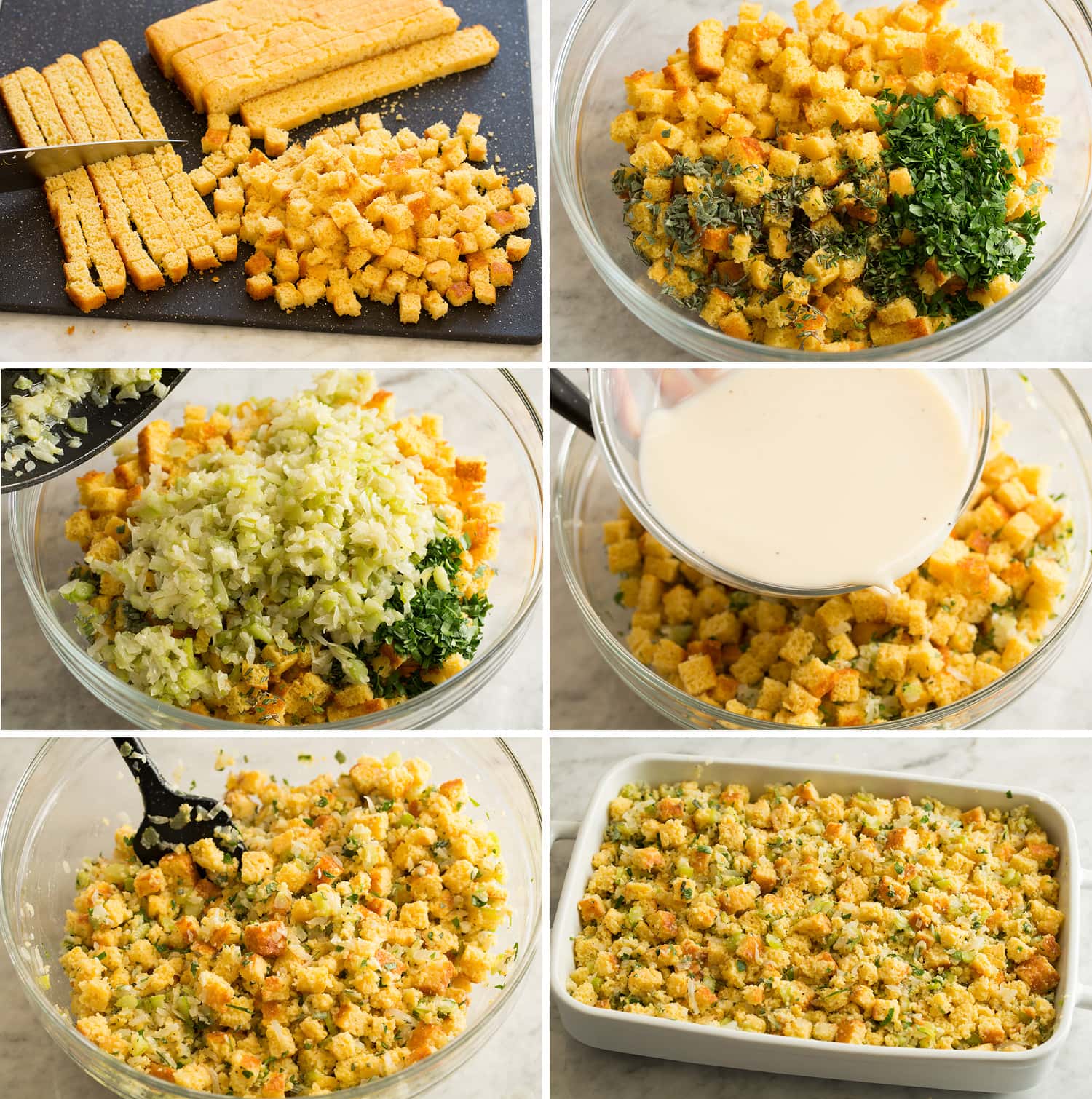 Six photos showing prep and assembly of cornbread stuffing.