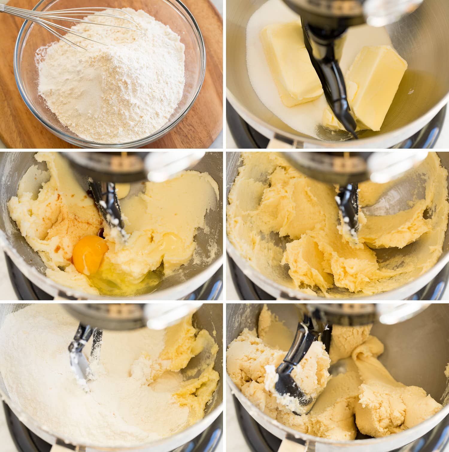 Collage of photos showing how to make cutout sugar cookie dough in a stand mixer bowl.