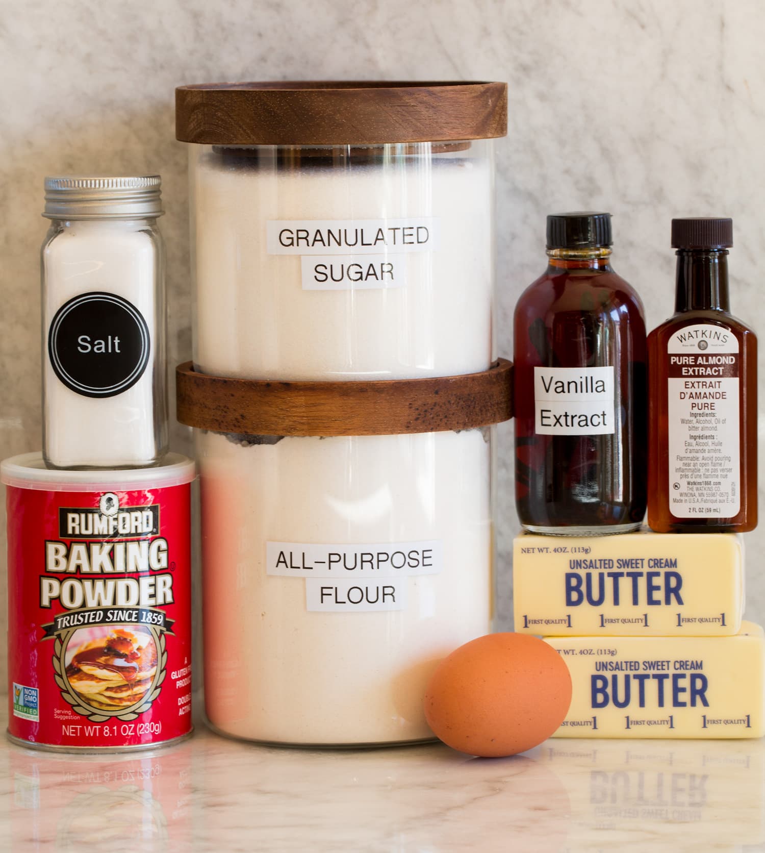 Ingredients needed to make cut out sugar cookies shown.