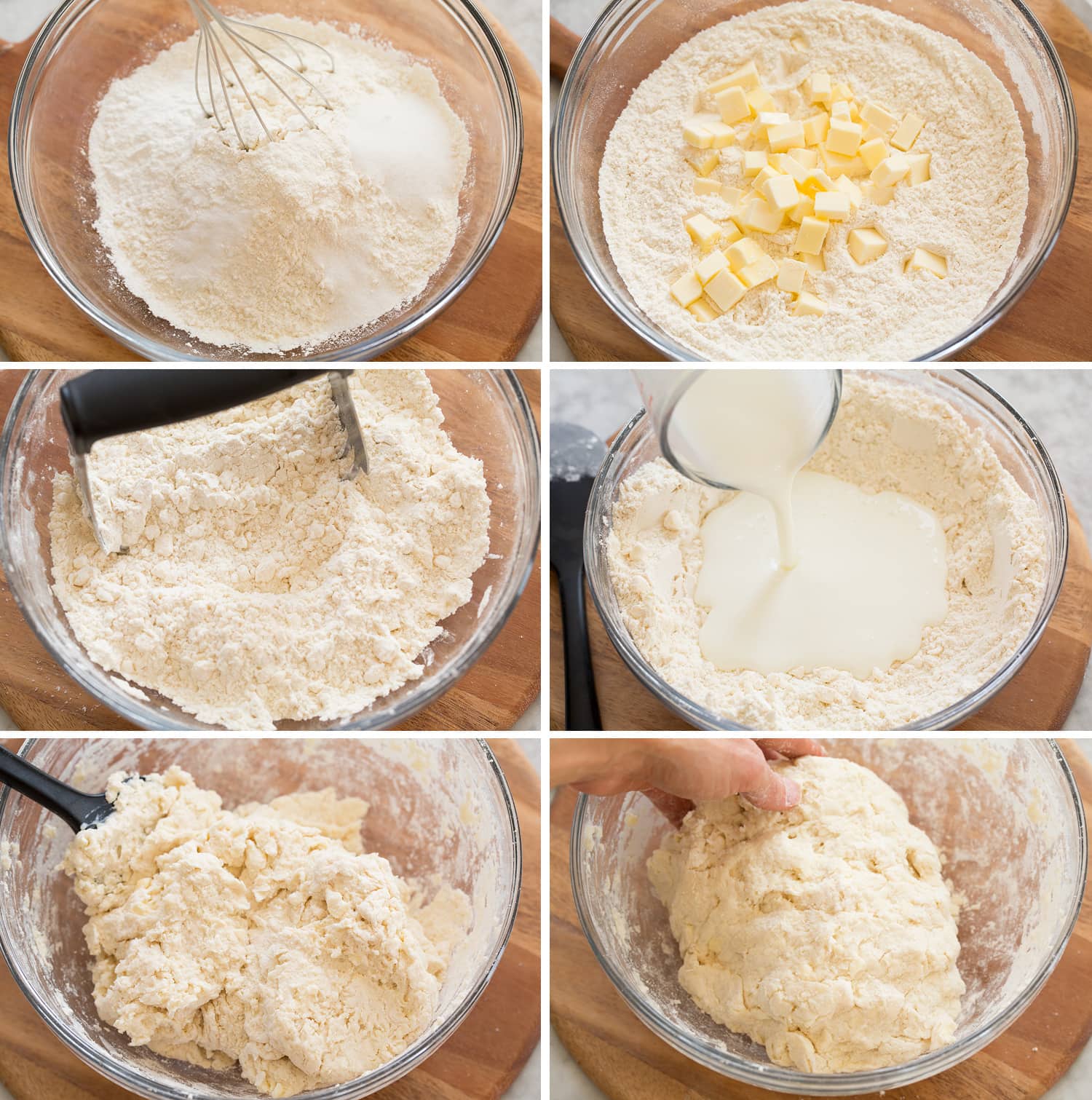 Making biscuit dough in a glass bowl.