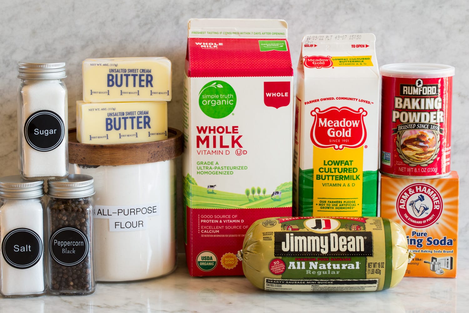 Ingredients to make homemade biscuits and gravy.