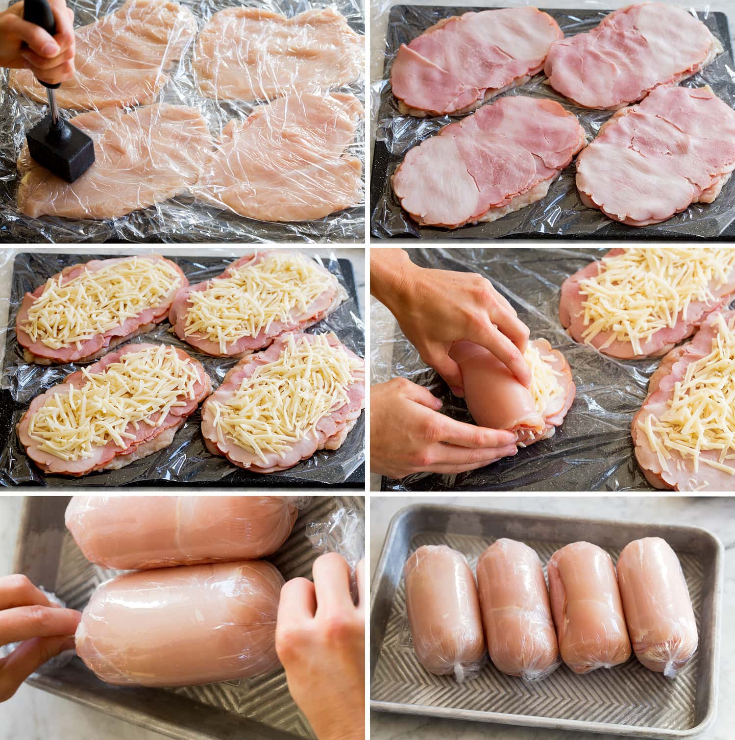 Six steps of flattening, layering and rolling chicken cordon bleu.