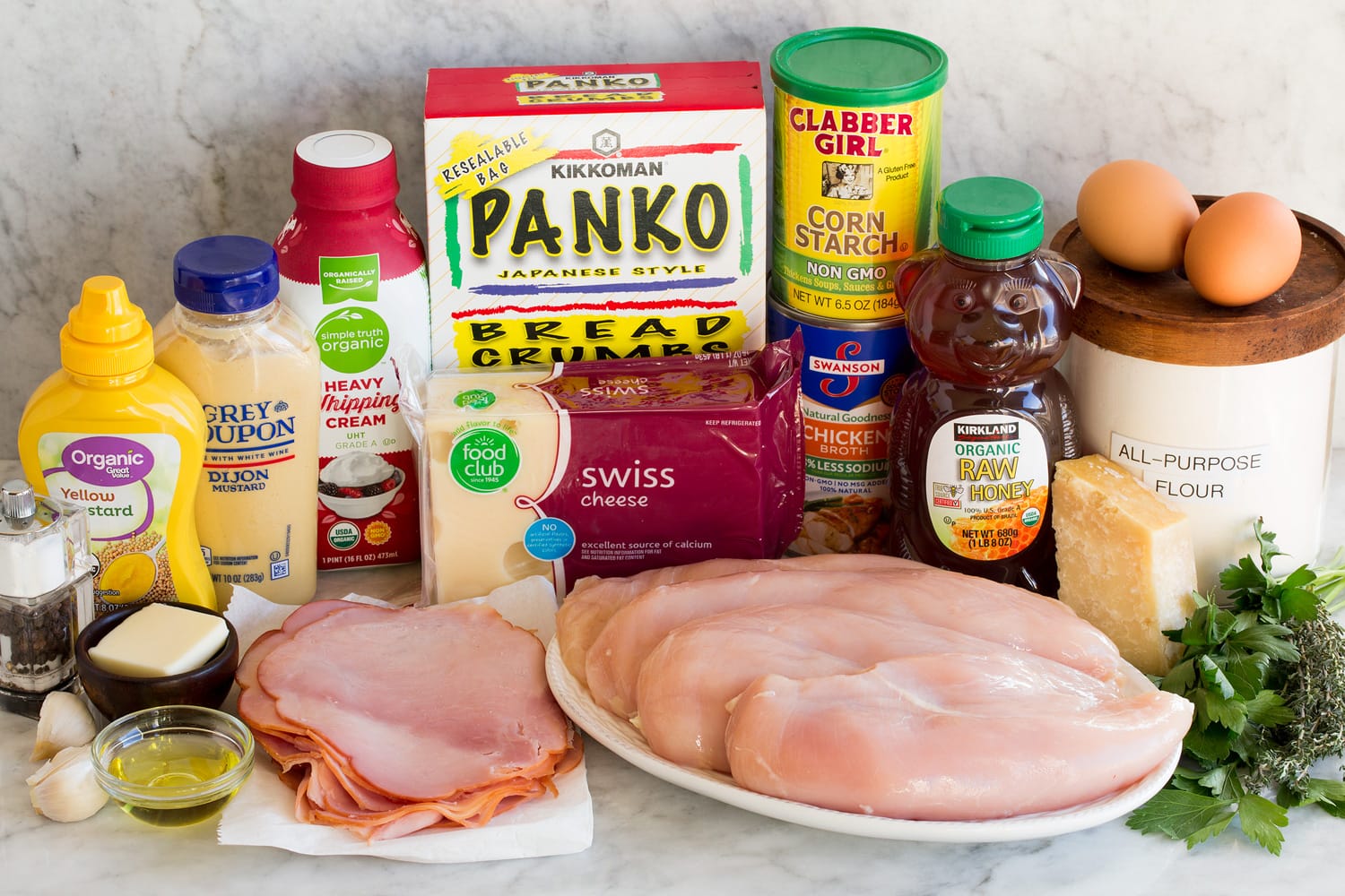 Ingredients needed to make chicken cordon bleu.