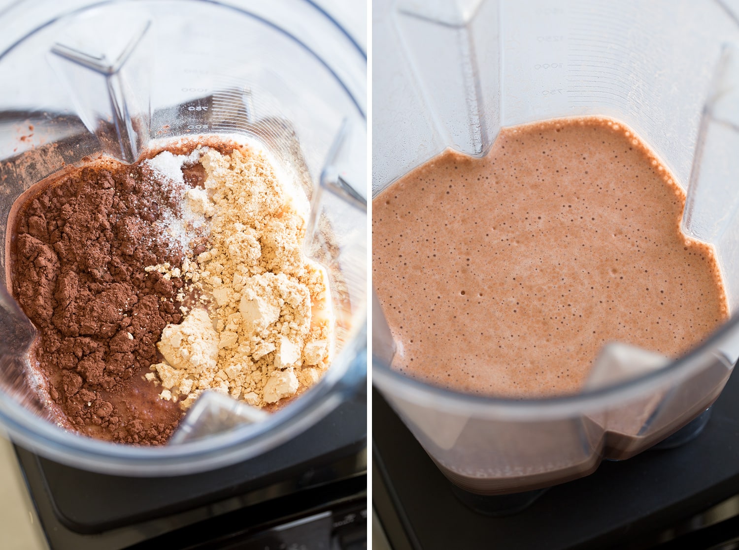 Protein drink shown in blender before and after mixing.