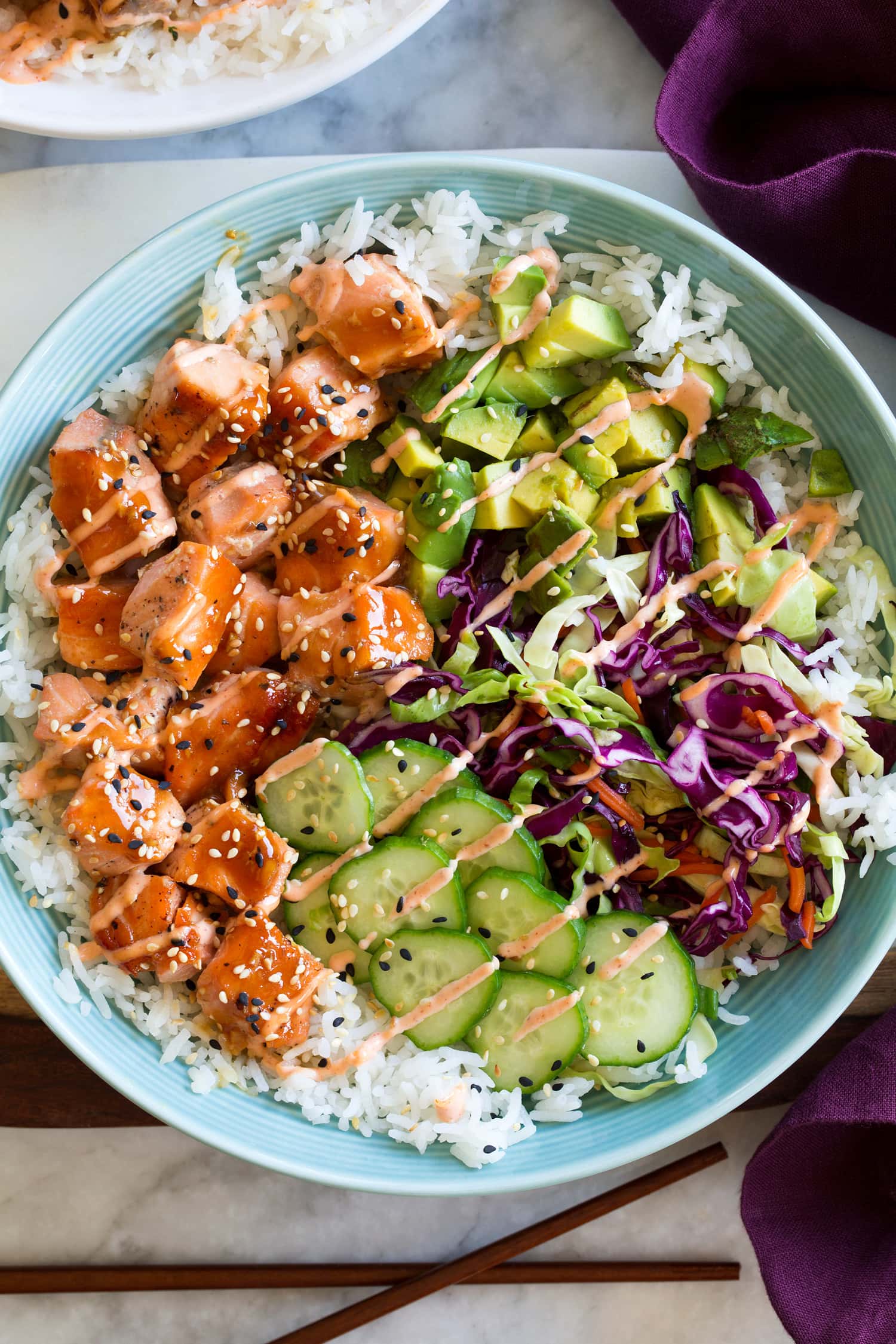 Close up overhead photo of salmon rice bowl.